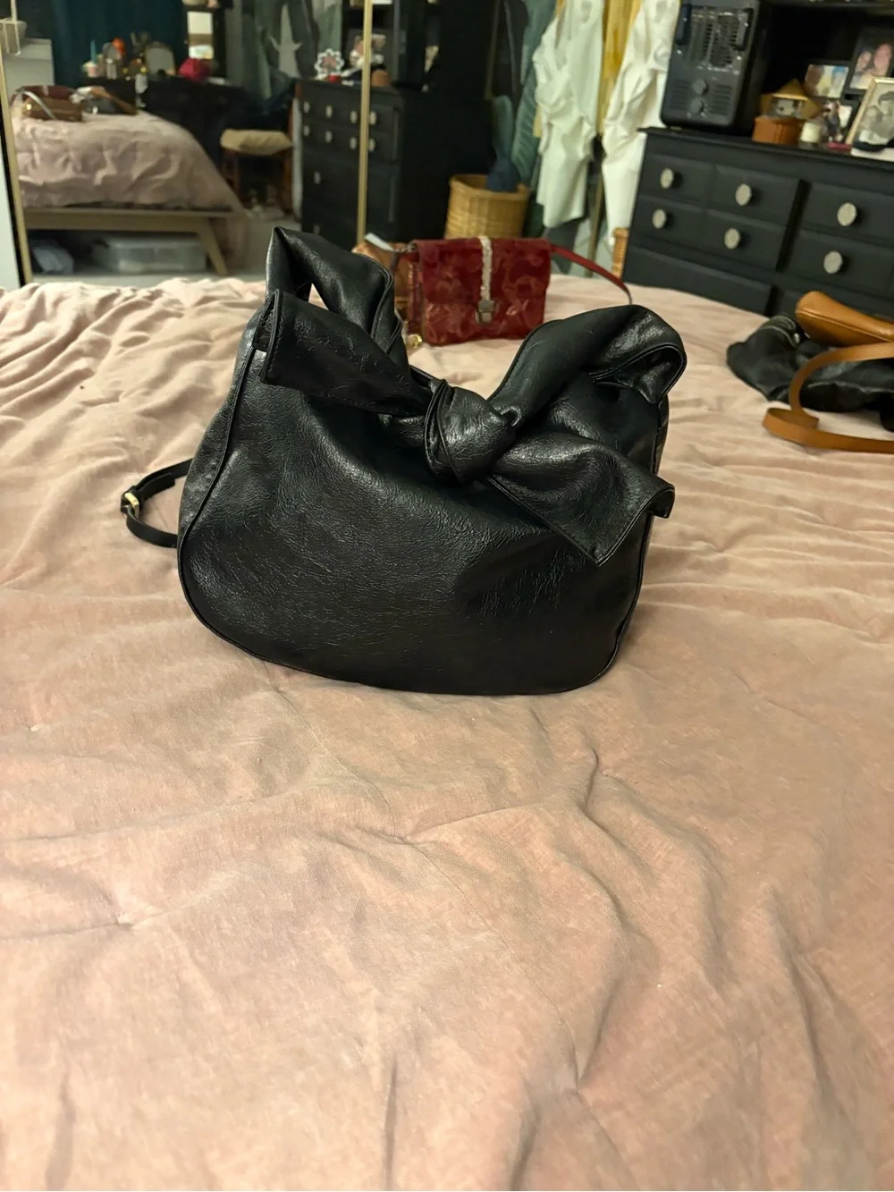 Melie Bianco Black Knot-Top Hobo and Crossbody Bag